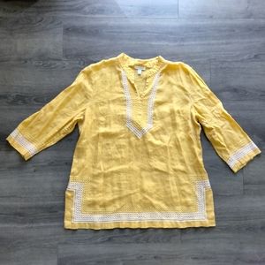 Charter Club Womens Linen Embroidered Blouse Size XXL Yellow V Neck Pullover